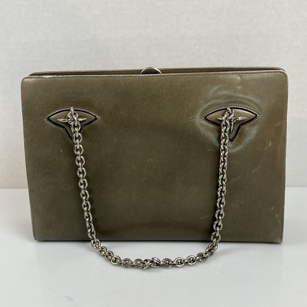 1960's VTG Gucci Gray Leather Purse/Handbag Chain Handle w/ Knight Zipper Pull - Picture 6 of 16